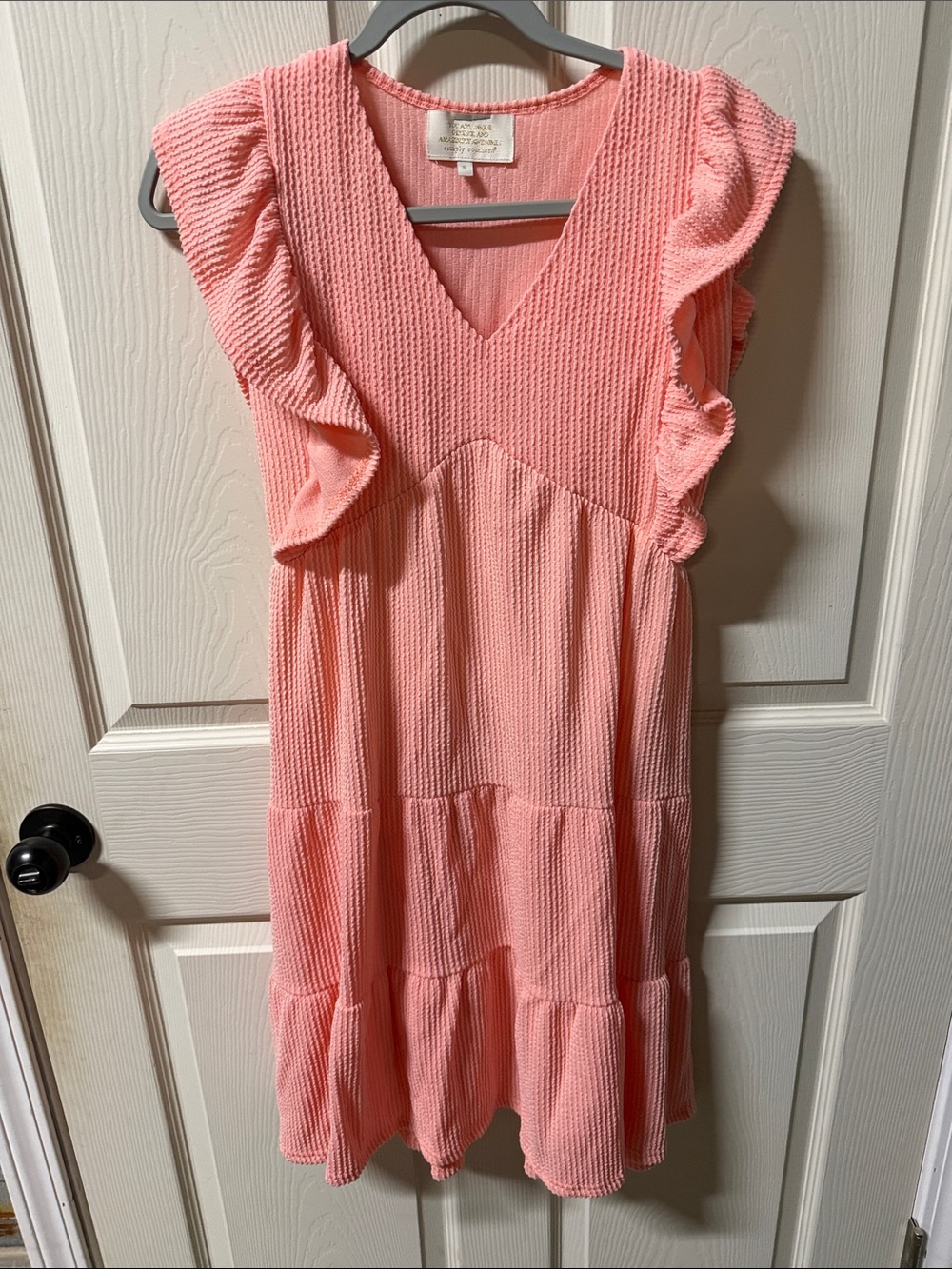 Simply Southern Coral Pink Ruffle Sleeve Tiered Dress